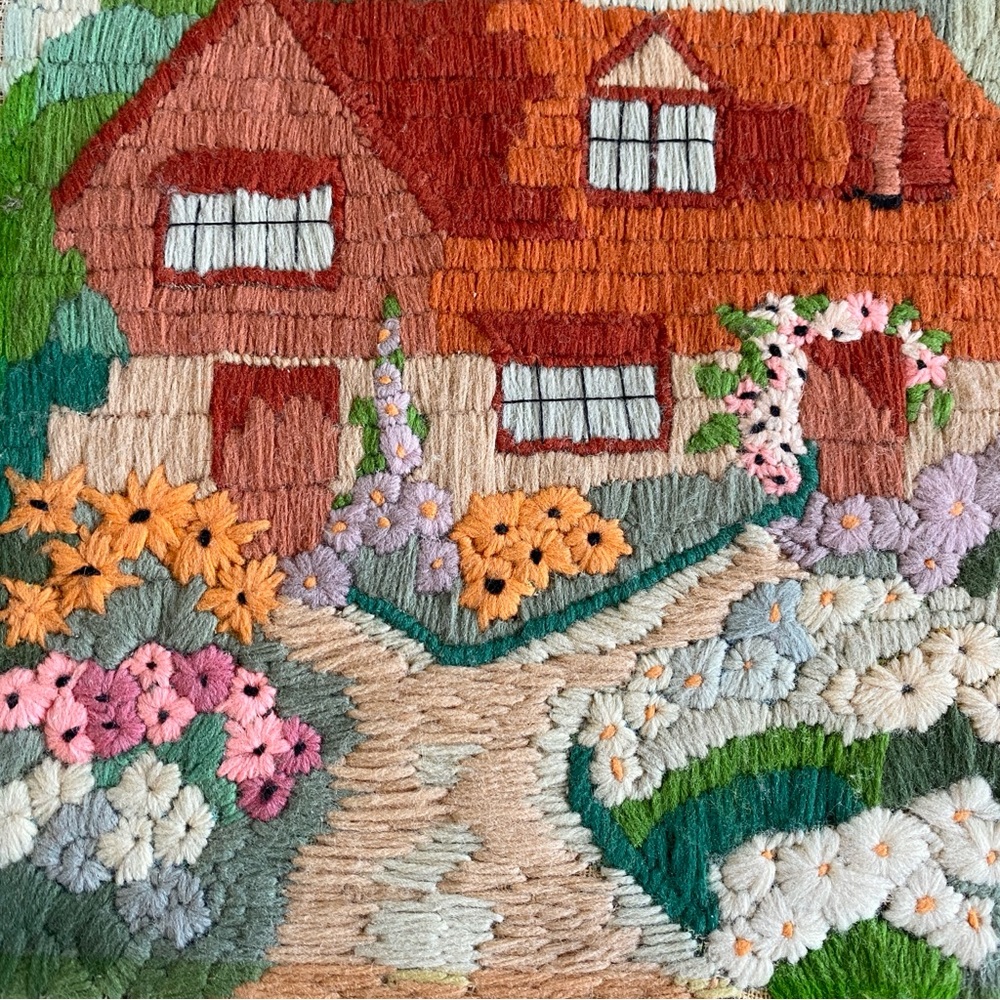 Vintage Handmade Cottage-core Longstitch Wall Fibre Art No Frame 13”x10.5” - Picture 5 of 8